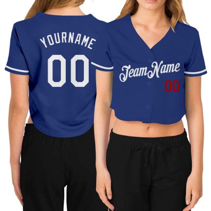 Womens Custom V-Neck Cropped Baseball Jersey in Royal White and Red Style 5682 Custom Women's Royal White-Red V-Neck Cropped