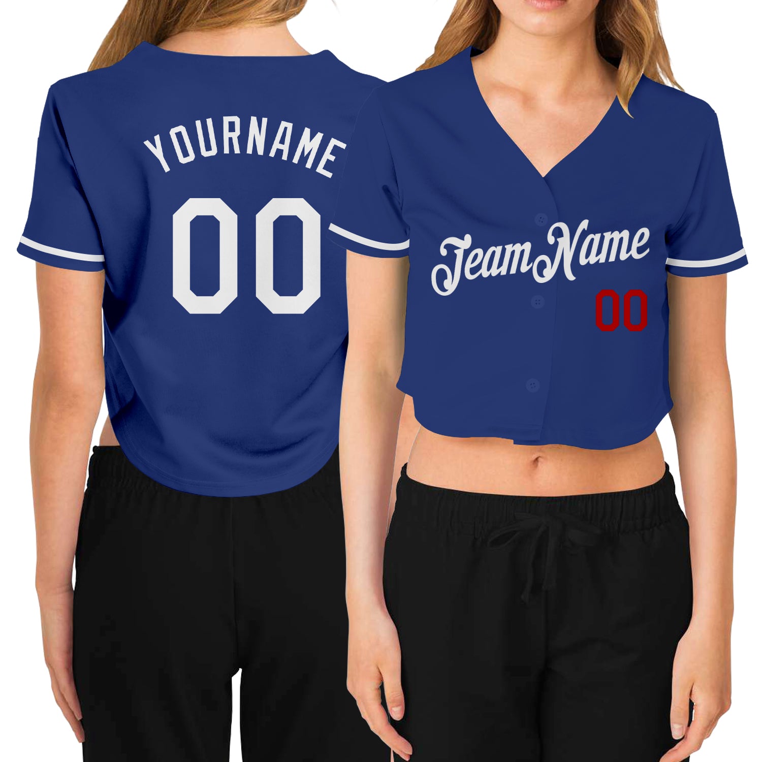 Womens Custom V-Neck Cropped Baseball Jersey in Royal White and Red Style 5682 Custom Women's Royal White-Red V-Neck Cropped