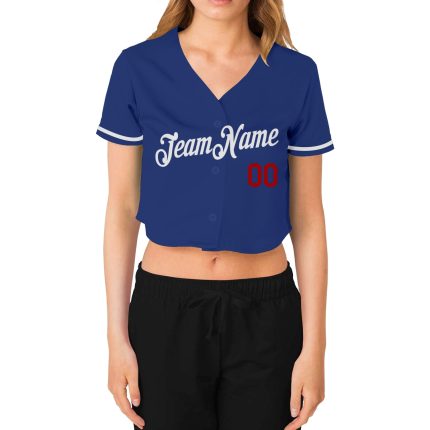 Womens Custom V-Neck Cropped Baseball Jersey in Royal White and Red Style 5682 Custom Women's Royal White-Red V-Neck Cropped