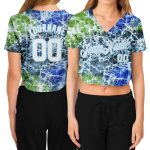 Custom Tie Dye Cropped Baseball Jersey for Women - White Light Blue Abstract Art 3D V-Neck Custom Women's Tie Dye White-Light