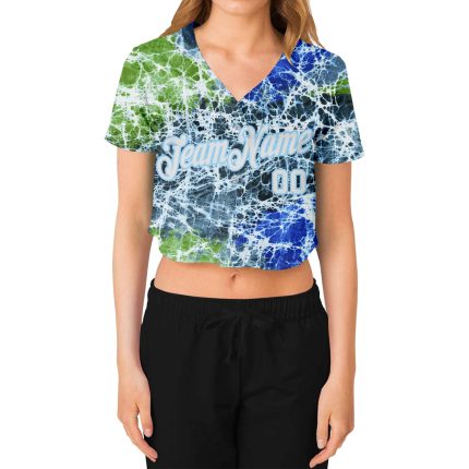 Custom Tie Dye Cropped Baseball Jersey for Women - White Light Blue Abstract Art 3D V-Neck Custom Women's Tie Dye White-Light