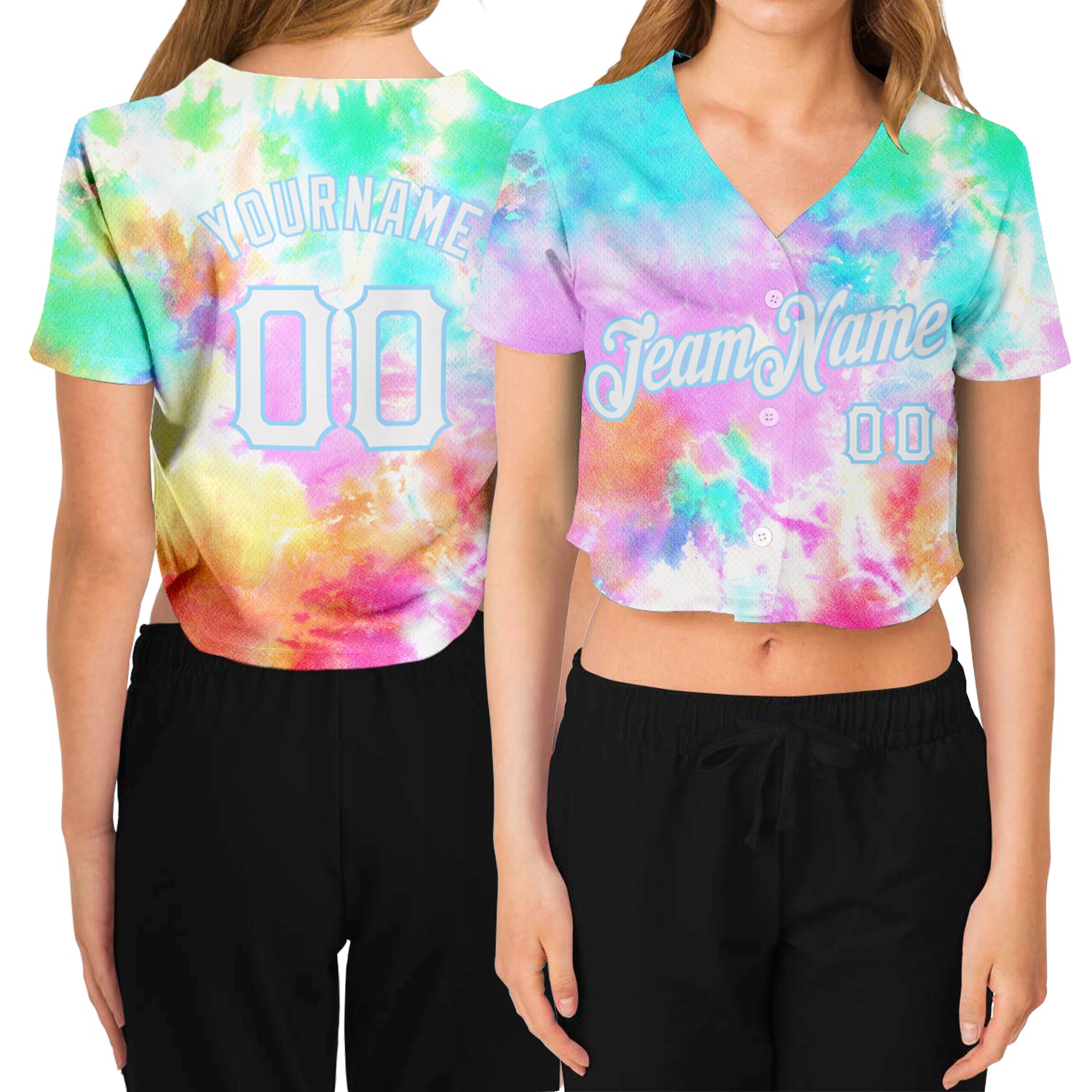 Custom Womens Tie Dye Baseball Jersey - 3D V-Neck, White-Light Blue Rainbow Cropped Style Custom Women's Tie Dye White-Light