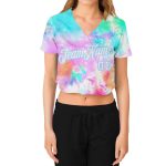 Custom Womens Tie Dye Baseball Jersey - 3D V-Neck, White-Light Blue Rainbow Cropped Style Custom Women's Tie Dye White-Light