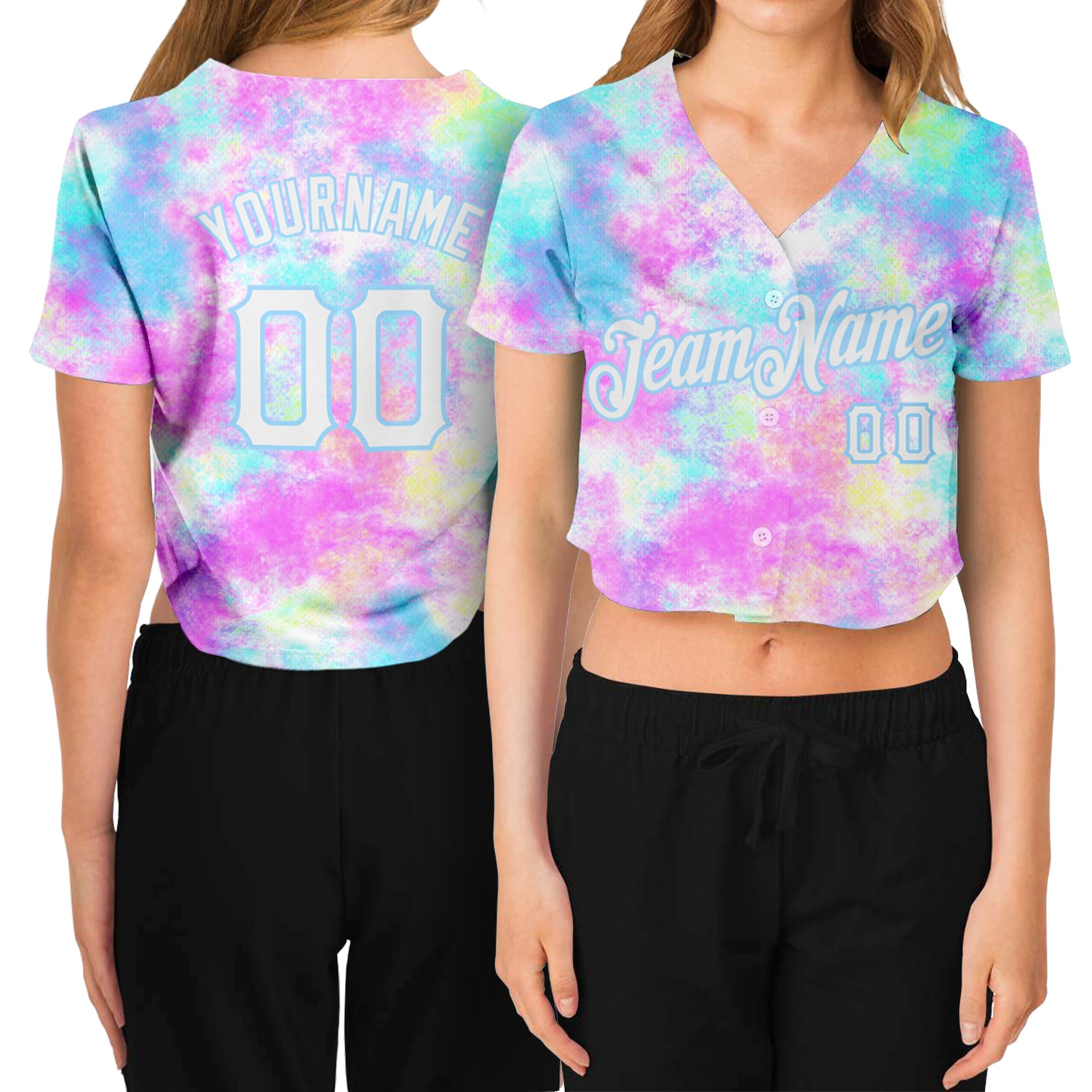 Custom Tie Dye Women's V-Neck Cropped Baseball Jersey - White-Light Blue Watercolor Gradient Custom Women's Tie Dye White-Light