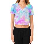 Custom Tie Dye Women's V-Neck Cropped Baseball Jersey - White-Light Blue Watercolor Gradient Custom Women's Tie Dye White-Light