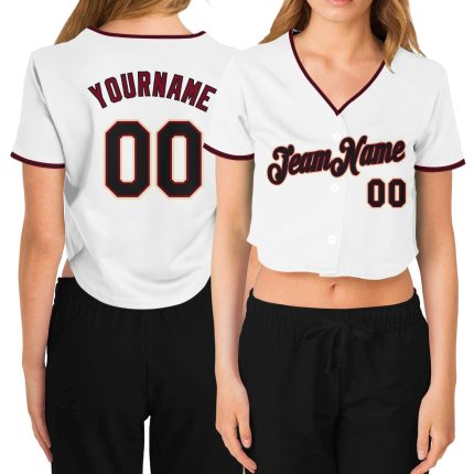 Custom Womens Crimson Cream Black White V-Neck Cropped Baseball Jersey Custom Women's White Black Crimson-Cream V-Neck Cropped