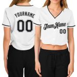 Custom Womens V-Neck Baseball Jersey - White Black-Gray Cropped Design Custom Women's White Black-Gray V-Neck Cropped Baseball