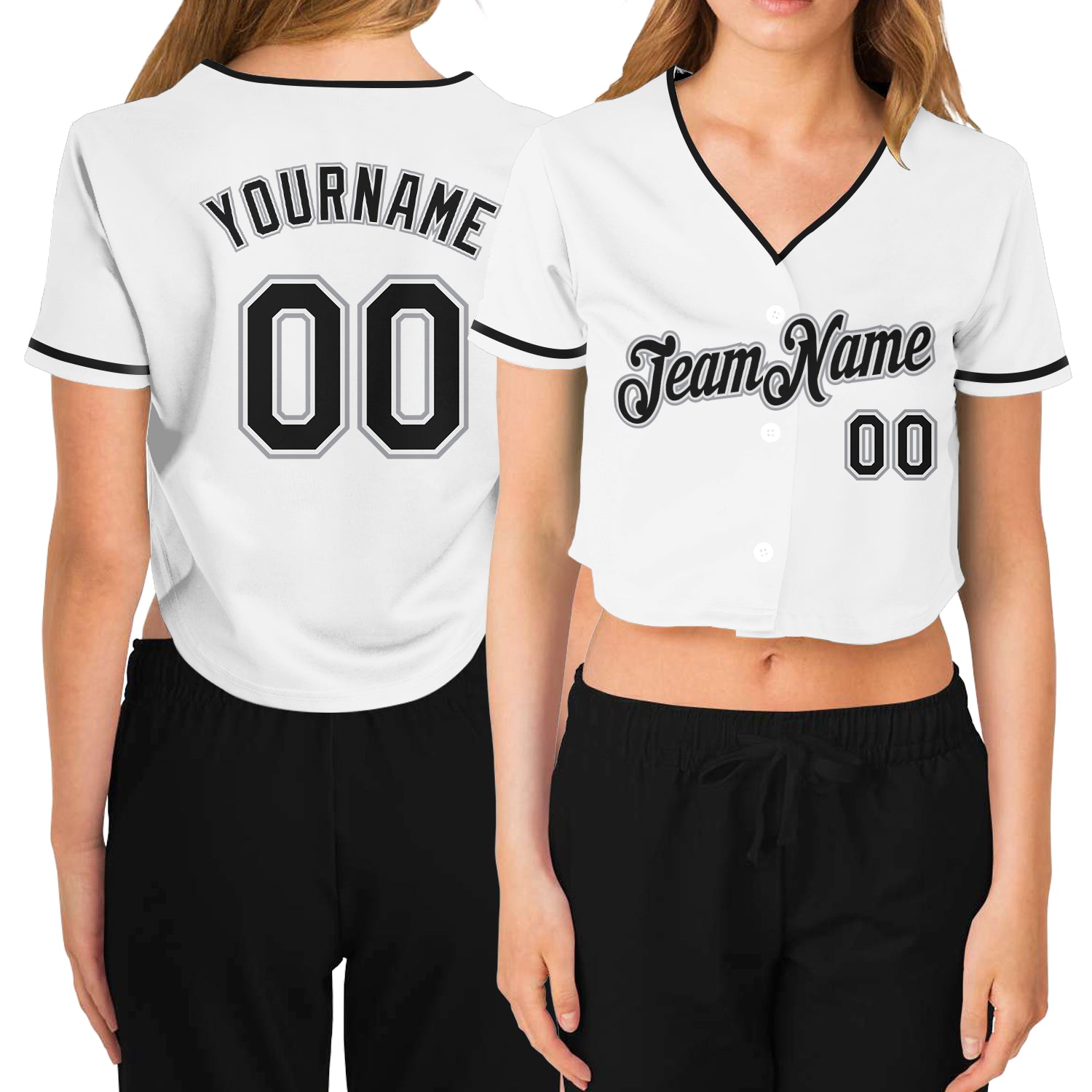 Custom Womens V-Neck Baseball Jersey - White Black-Gray Cropped Design Custom Women's White Black-Gray V-Neck Cropped Baseball