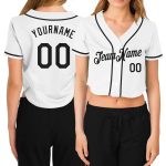 Custom Womens V-Neck Cropped Baseball Jersey in White and Black Custom Women's White Black V-Neck Cropped Baseball Jersey