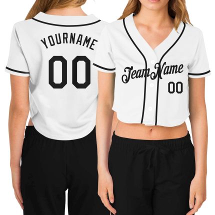 Custom Womens V-Neck Cropped Baseball Jersey in White and Black Custom Women's White Black V-Neck Cropped Baseball Jersey