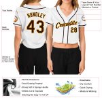 Custom Womens V-Neck Cropped Baseball Jersey in White Brown Gold Custom Women's White Brown-Gold V-Neck Cropped Baseball