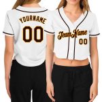 Custom Womens V-Neck Cropped Baseball Jersey in White Brown Gold Custom Women's White Brown-Gold V-Neck Cropped Baseball
