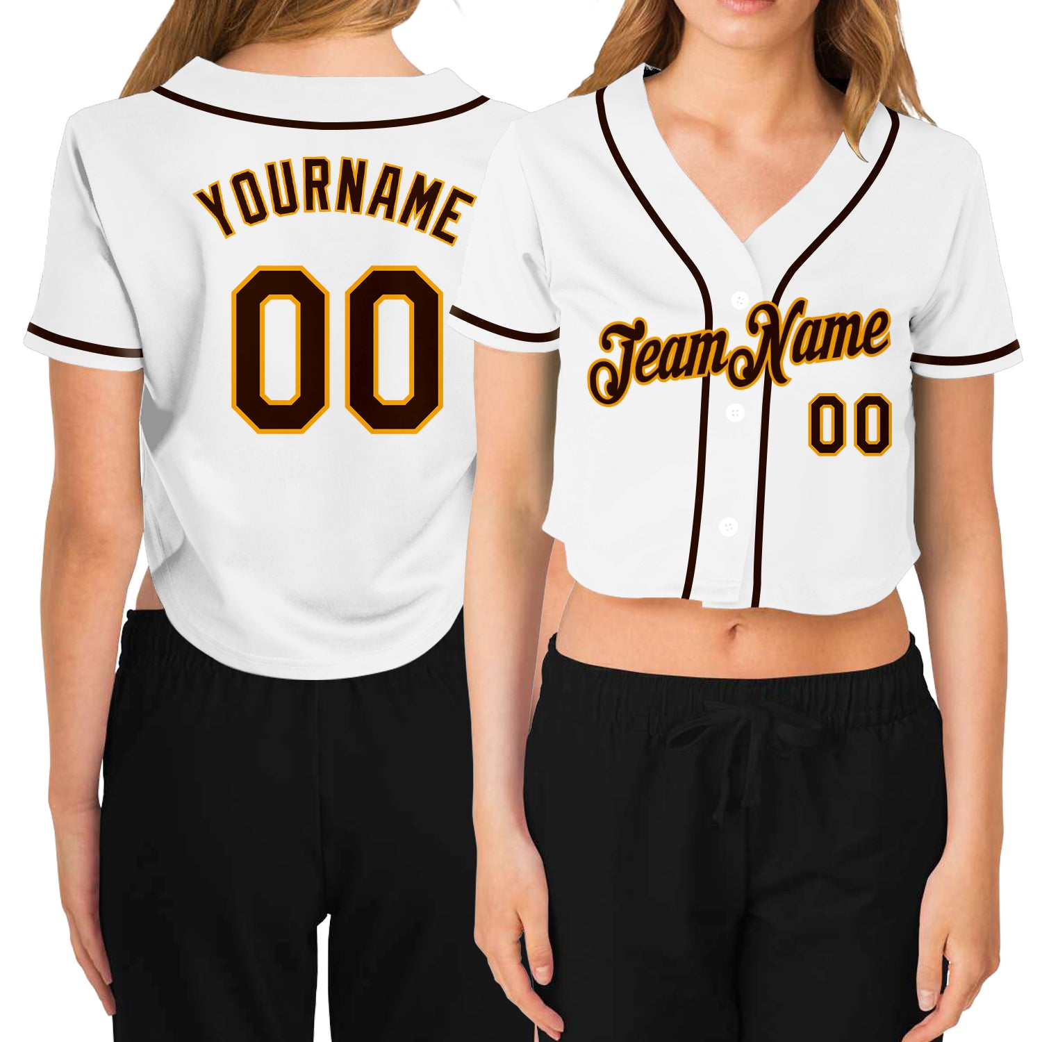 Custom Women's White Brown-Gold V-Neck Cropped Baseball Jersey Custom Womens V-Neck Cropped Baseball Jersey in White Brown Gold Custom Women's White Brown-Gold V-Neck Cropped Baseball