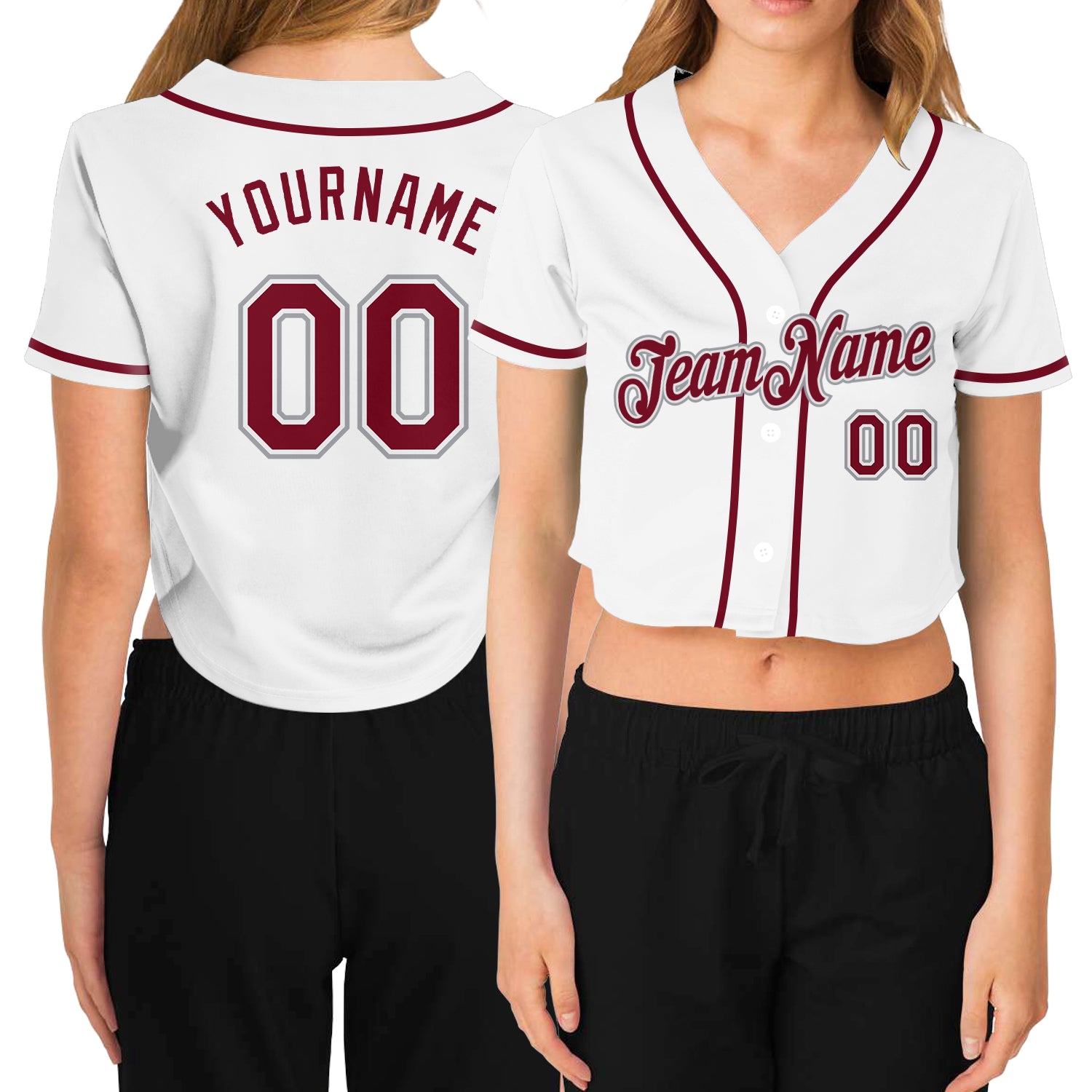 Custom Womens V-Neck Cropped Baseball Jersey in White Crimson-Gray Custom Women's White Crimson-Gray V-Neck Cropped Baseball