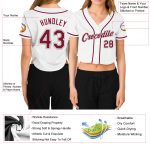 Custom Womens V-Neck Cropped Baseball Jersey in White Crimson-Gray Custom Women's White Crimson-Gray V-Neck Cropped Baseball