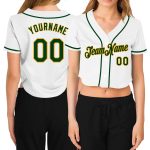Custom Womens Green Gold V-Neck Cropped Baseball Jersey - White Design Custom Women's White Green-Gold V-Neck Cropped Baseball