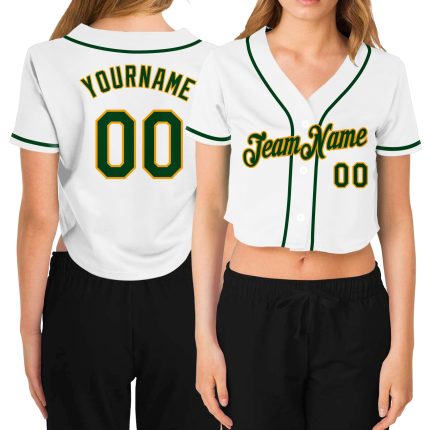 Custom Womens Green Gold V-Neck Cropped Baseball Jersey - White Design Custom Women's White Green-Gold V-Neck Cropped Baseball