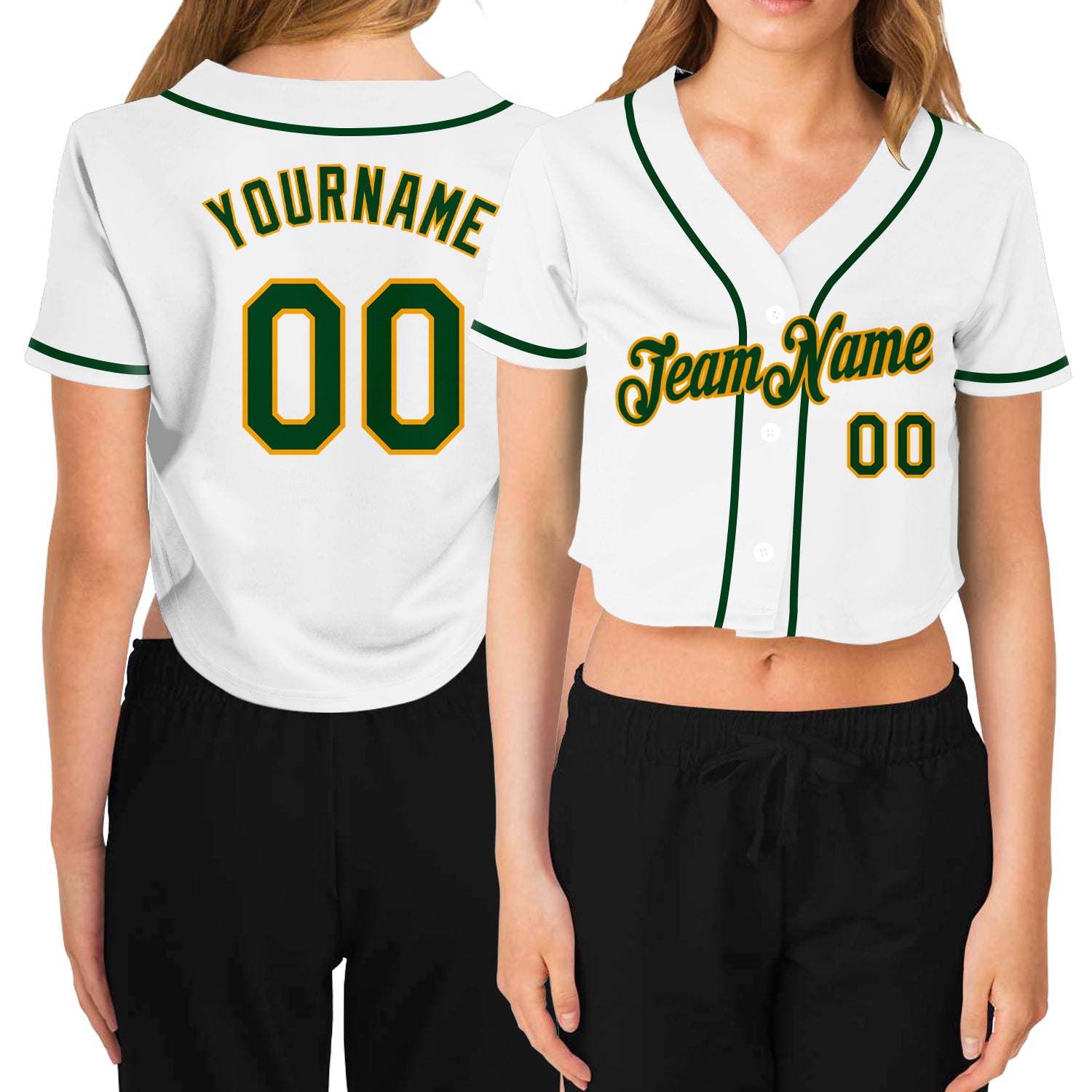 Custom Womens Green Gold V-Neck Cropped Baseball Jersey - White Design Custom Women's White Green-Gold V-Neck Cropped Baseball