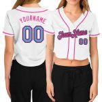 Custom Womens V-Neck Baseball Jersey - White, Light Blue, Black, Pink Cropped Top Custom Women's White Light Blue Black-Pink
