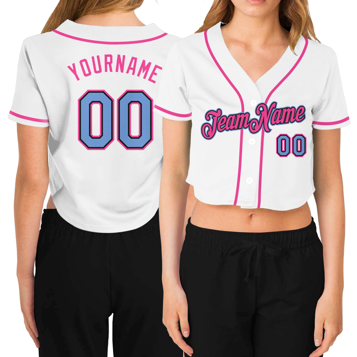 Custom Womens V-Neck Baseball Jersey - White, Light Blue, Black, Pink Cropped Top Custom Women's White Light Blue Black-Pink