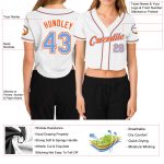 Womens Custom V-Neck Cropped Baseball Jersey - White Light Blue-Orange Design Custom Women's White Light Blue-Orange V-Neck