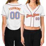 Womens Custom V-Neck Cropped Baseball Jersey - White Light Blue-Orange Design Custom Women's White Light Blue-Orange V-Neck