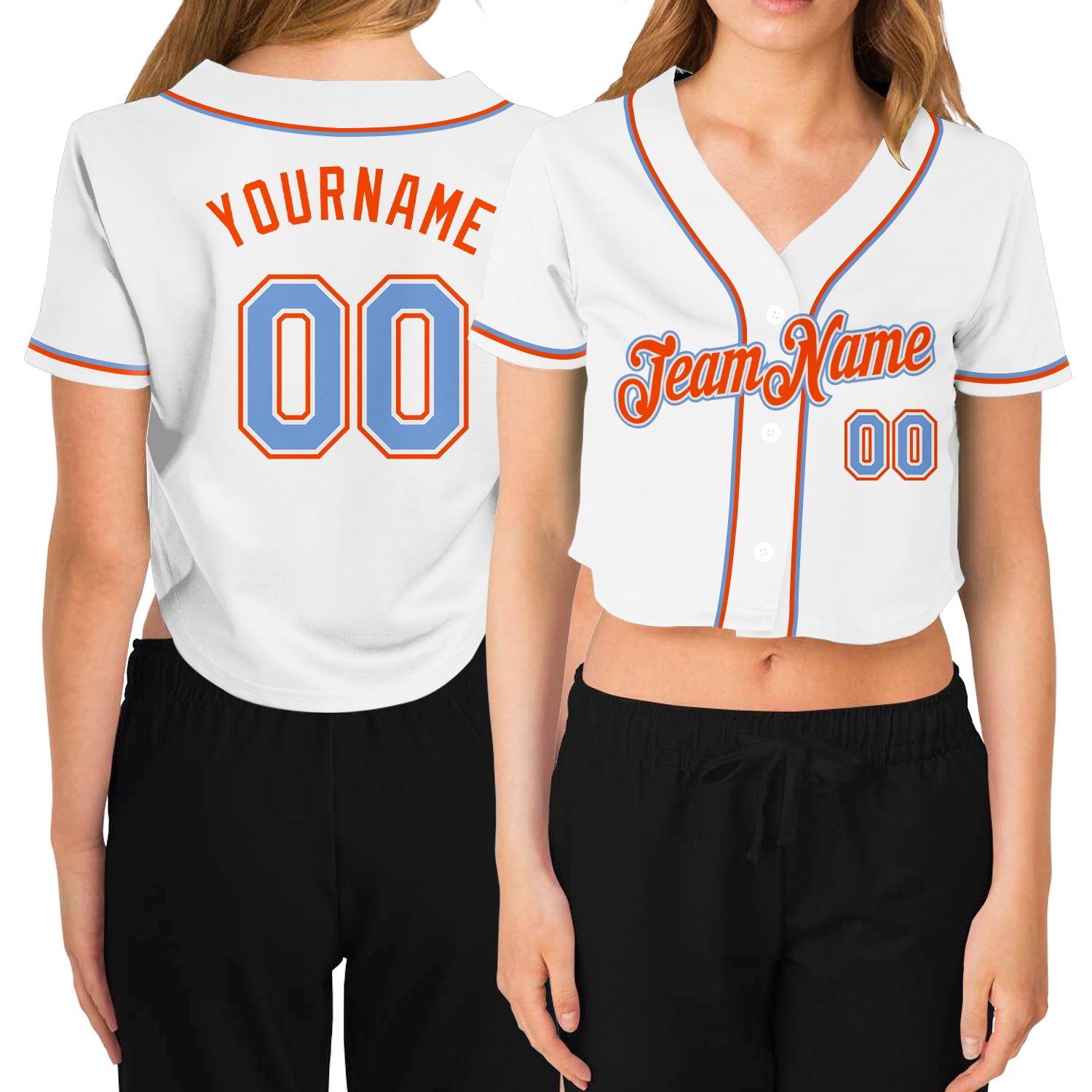 Custom Women's White Light Blue-Orange V-Neck Cropped Baseball Jersey Womens Custom V-Neck Cropped Baseball Jersey - White Light Blue-Orange Design Custom Women's White Light Blue-Orange V-Neck