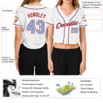 Custom Womens V-Neck Cropped Baseball Jersey in White, Light Blue, and Red Custom Women's White Light Blue-Red V-Neck Cropped