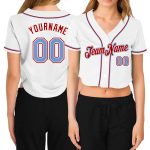Custom Womens V-Neck Cropped Baseball Jersey in White, Light Blue, and Red Custom Women's White Light Blue-Red V-Neck Cropped