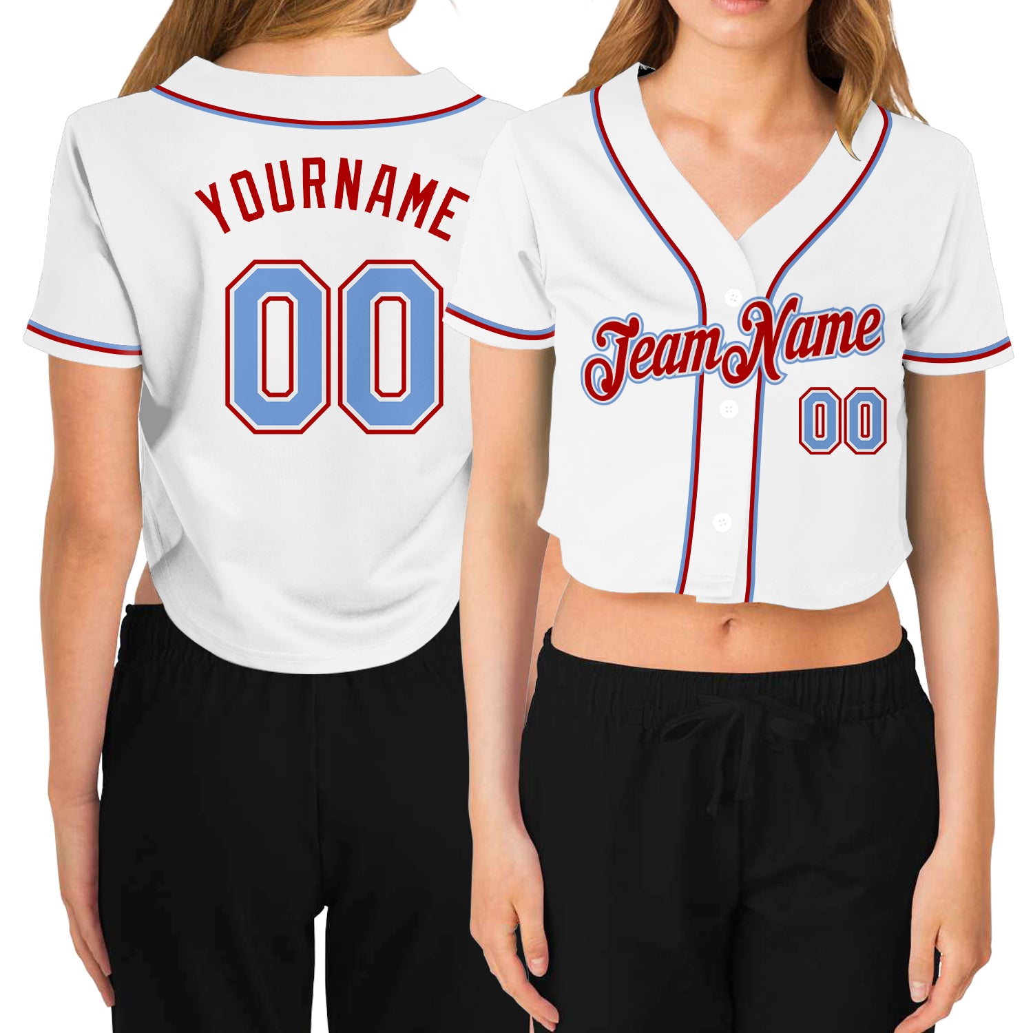 Custom Womens V-Neck Cropped Baseball Jersey in White, Light Blue, and Red Custom Women's White Light Blue-Red V-Neck Cropped