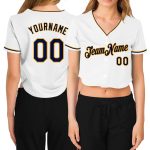 Custom Womens V-Neck Baseball Jersey in White Navy Gold - Cropped Style Custom Women's White Navy-Gold V-Neck Cropped Baseball