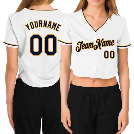 Custom Womens V-Neck Baseball Jersey in White Navy Gold - Cropped Style Custom Women's White Navy-Gold V-Neck Cropped Baseball
