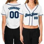Custom Womens V-Neck Baseball Jersey - White Navy Gray Aqua Cropped Design Custom Women's White Navy Gray-Aqua V-Neck Cropped