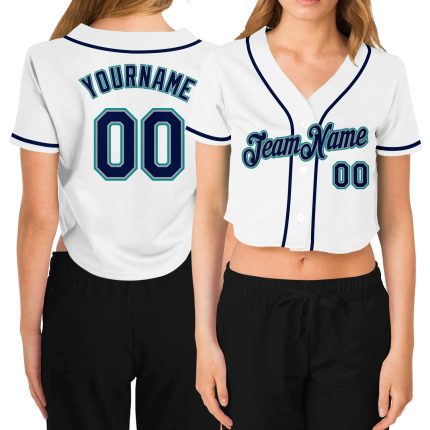 Custom Womens V-Neck Baseball Jersey - White Navy Gray Aqua Cropped Design Custom Women's White Navy Gray-Aqua V-Neck Cropped