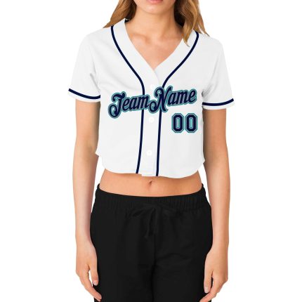 Custom Womens V-Neck Baseball Jersey - White Navy Gray Aqua Cropped Design Custom Women's White Navy Gray-Aqua V-Neck Cropped