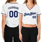 Custom Womens V-Neck Cropped Baseball Jersey - White Navy-Light Blue Custom Women's White Navy-Light Blue V-Neck Cropped