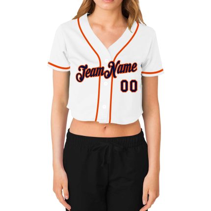 Womens Custom V-Neck Baseball Jersey - White Navy-Orange Cropped Style Custom Women's White Navy-Orange V-Neck Cropped Baseball
