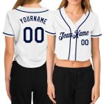 Custom Womens V-Neck Cropped Baseball Jersey - White and Navy Design Custom Women's White Navy V-Neck Cropped Baseball Jersey