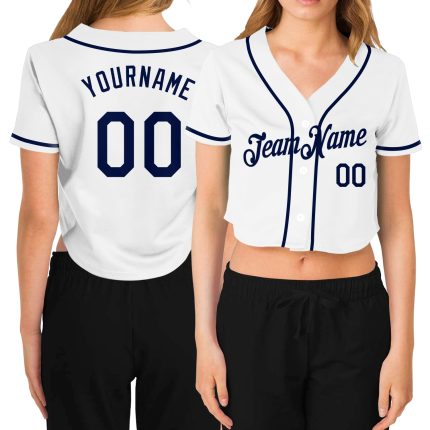 Custom Womens V-Neck Cropped Baseball Jersey - White and Navy Design Custom Women's White Navy V-Neck Cropped Baseball Jersey