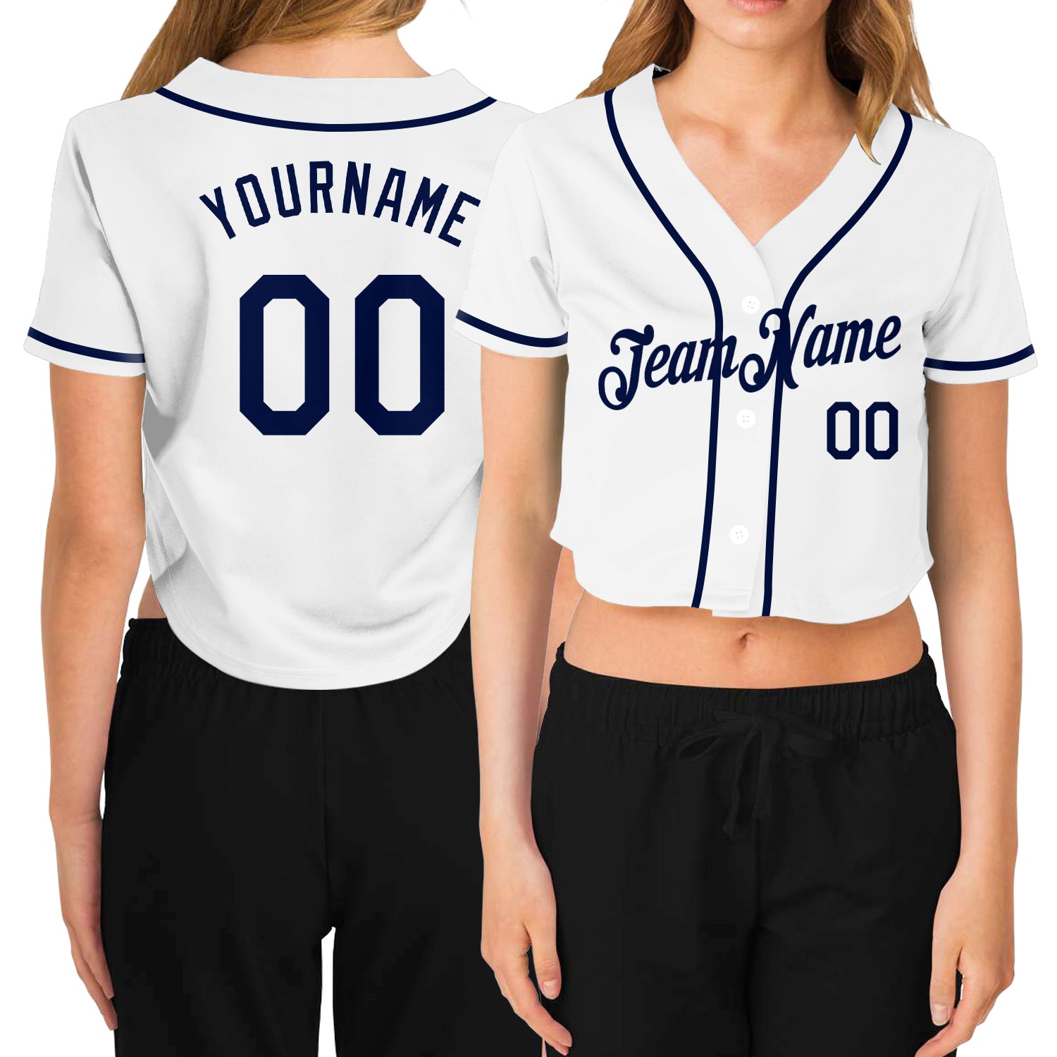 Custom Women's White Navy V-Neck Cropped Baseball Jersey Custom Womens V-Neck Cropped Baseball Jersey - White and Navy Design Custom Women's White Navy V-Neck Cropped Baseball Jersey