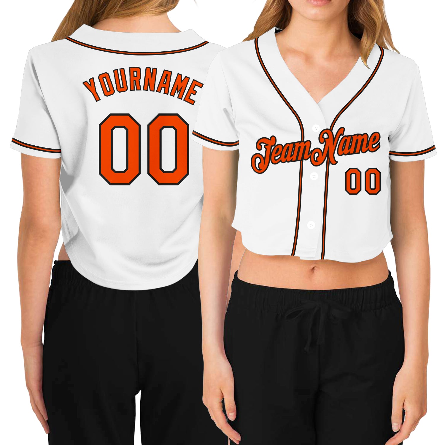 Custom white, orange and black women's cropped baseball jersey