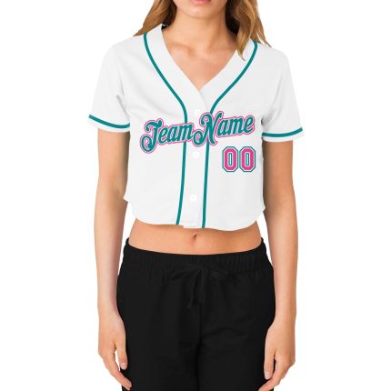 Custom white, pink and aqua women's cropped baseball jersey, back view