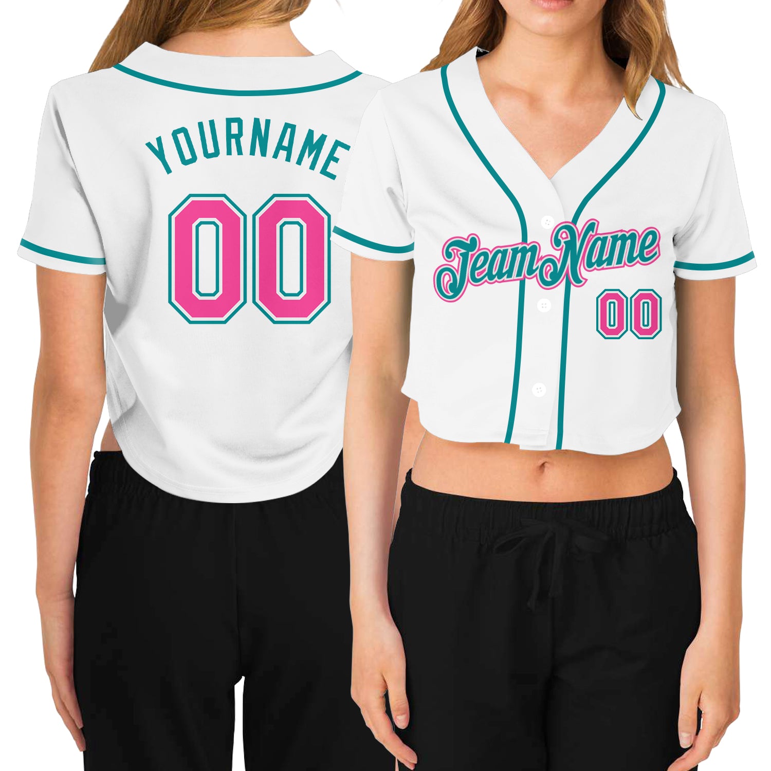 Custom white, pink and aqua women's cropped baseball jersey