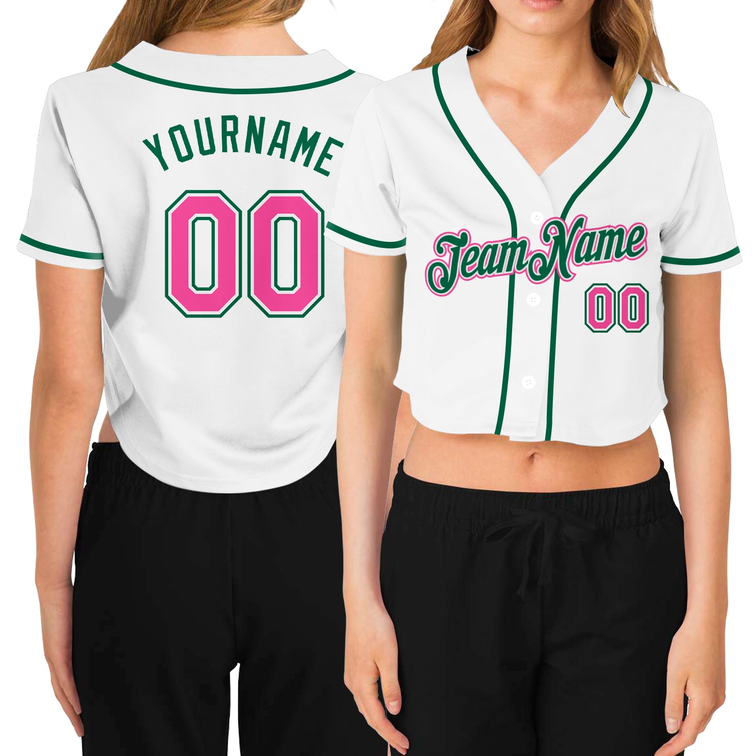 Custom Women's White Pink-Green V-Neck Cropped Baseball Jersey Custom white, pink and green women's cropped baseball jersey