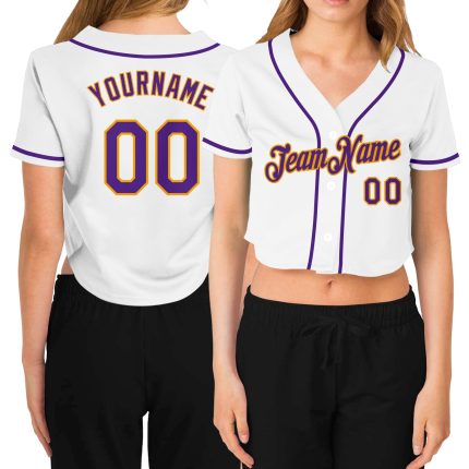 Custom white, purple and gold women's cropped baseball jersey