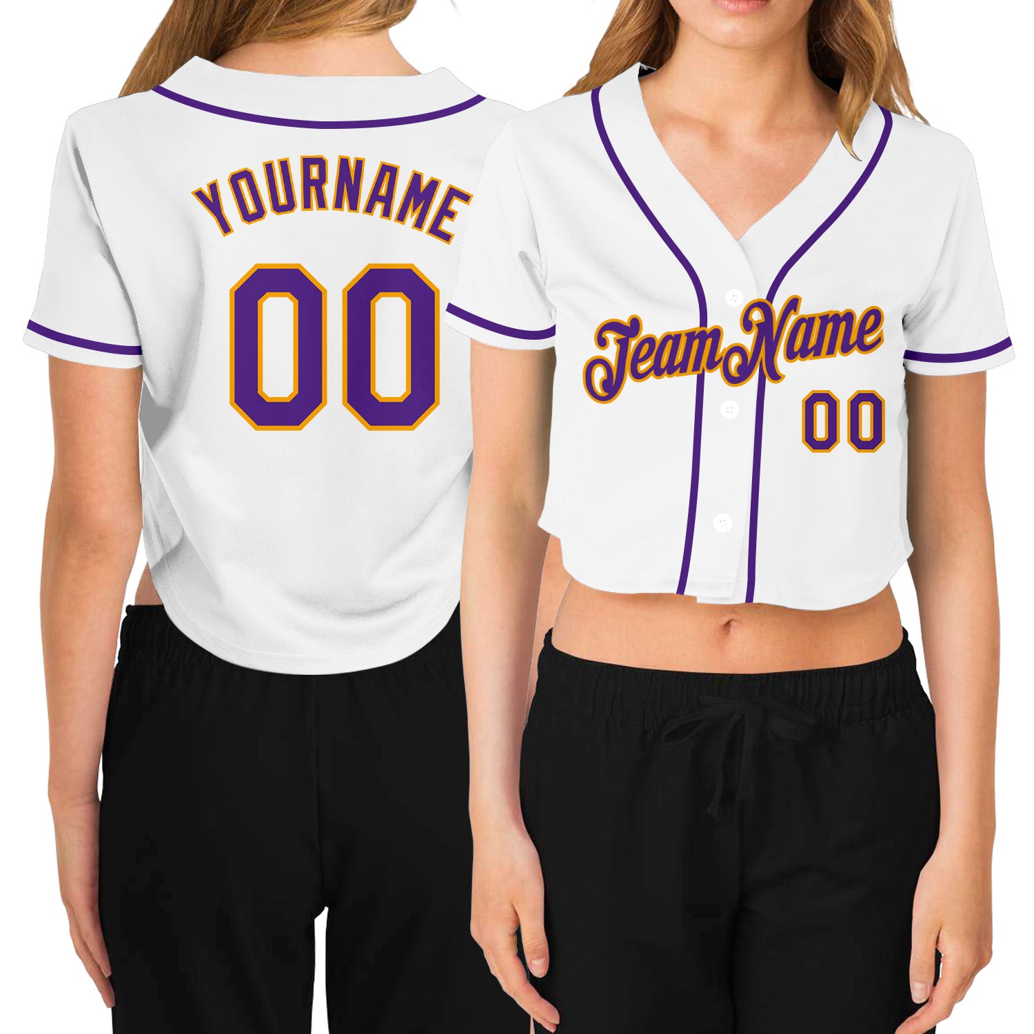 Custom white, purple and gold women's cropped baseball jersey