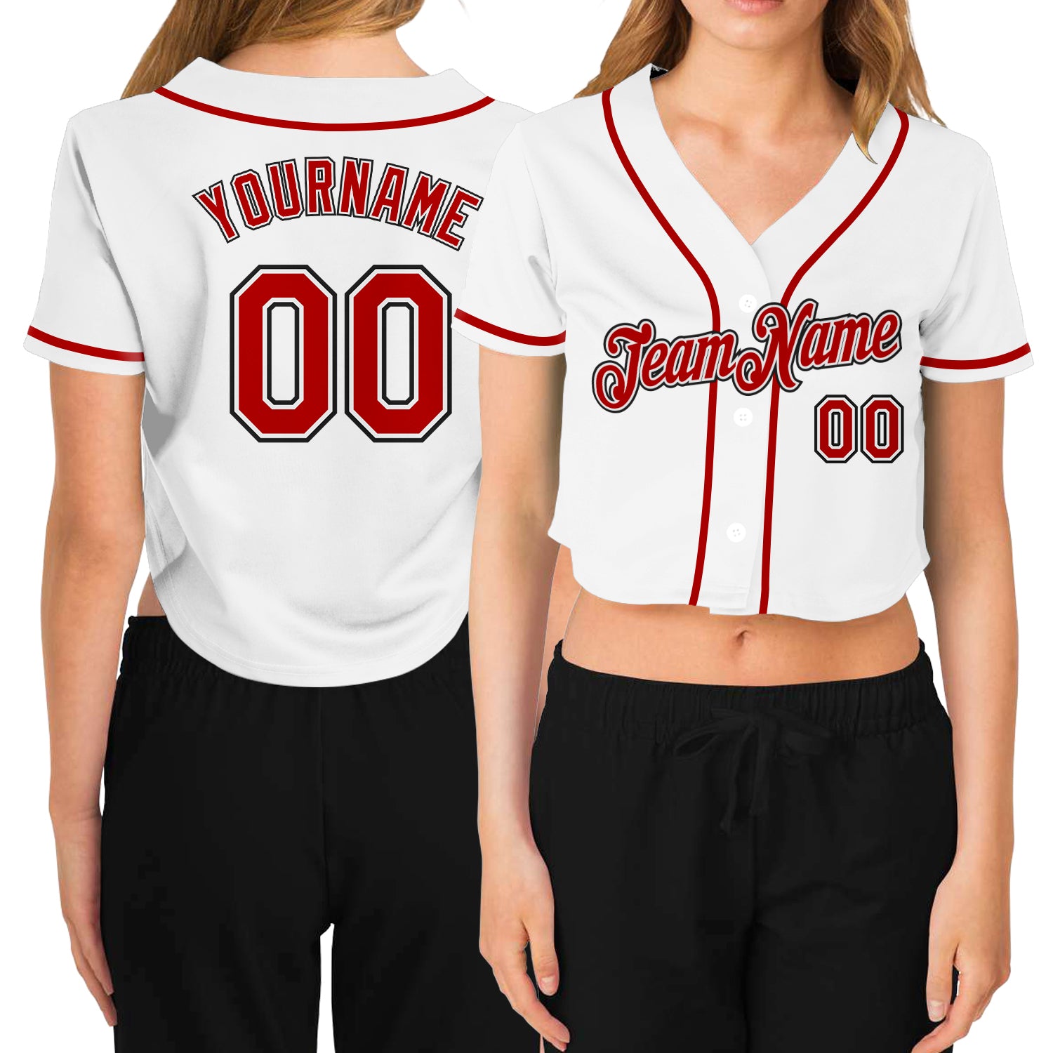 Custom Women's White Red-Black V-Neck Cropped Baseball Jersey Custom V-Neck Baseball Jersey for Women - White Red Black Cropped Design Custom Women's White Red-Black V-Neck Cropped Baseball