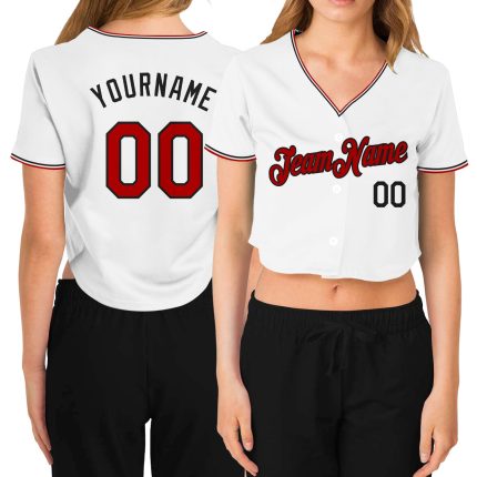 Custom Womens V-Neck Cropped Baseball Jersey Red Black White Style 4326 Custom Women's White Red-Black V-Neck Cropped Baseball