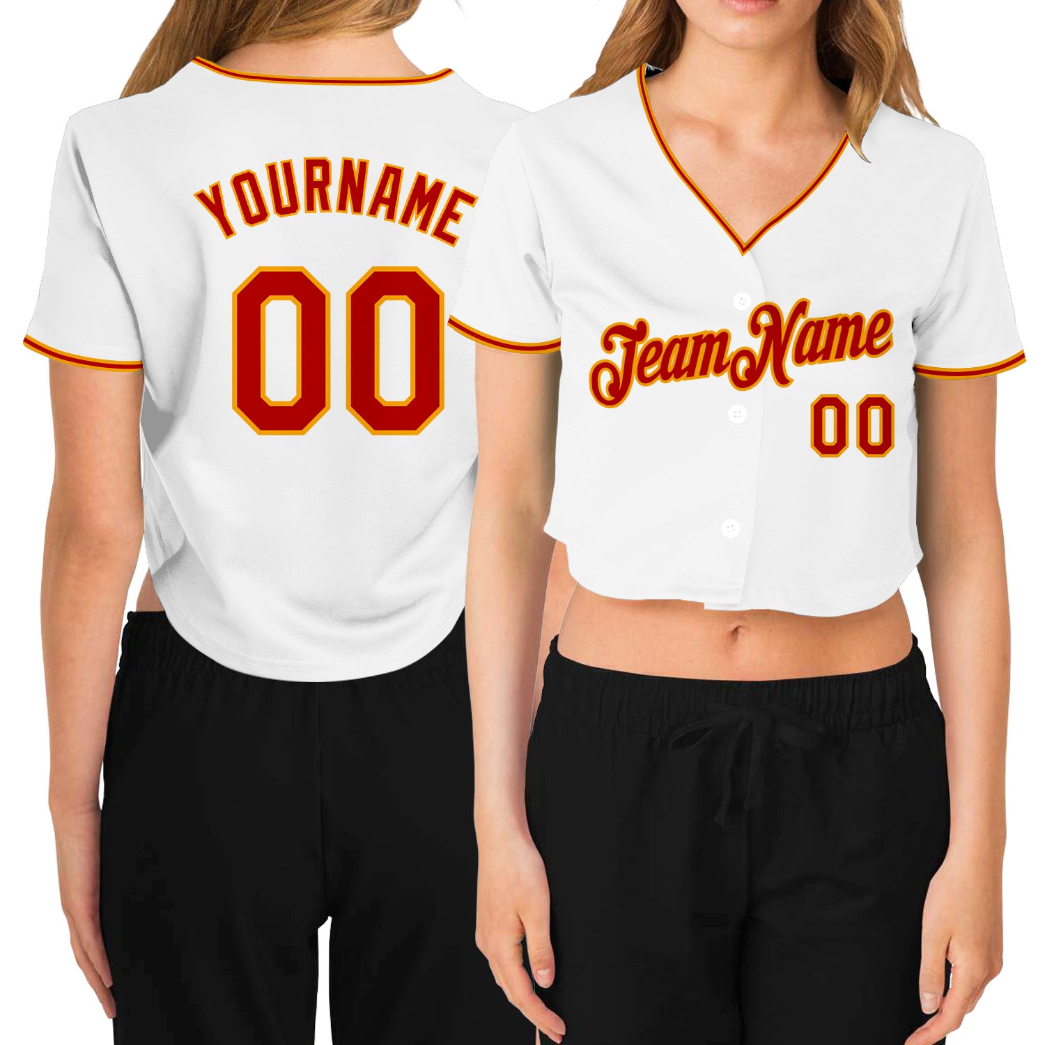 Custom Womens V-Neck Baseball Jersey White Red-Gold Cropped Design Custom Women's White Red-Gold V-Neck Cropped Baseball