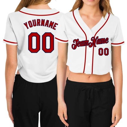 Custom red, navy and white women's cropped baseball jersey